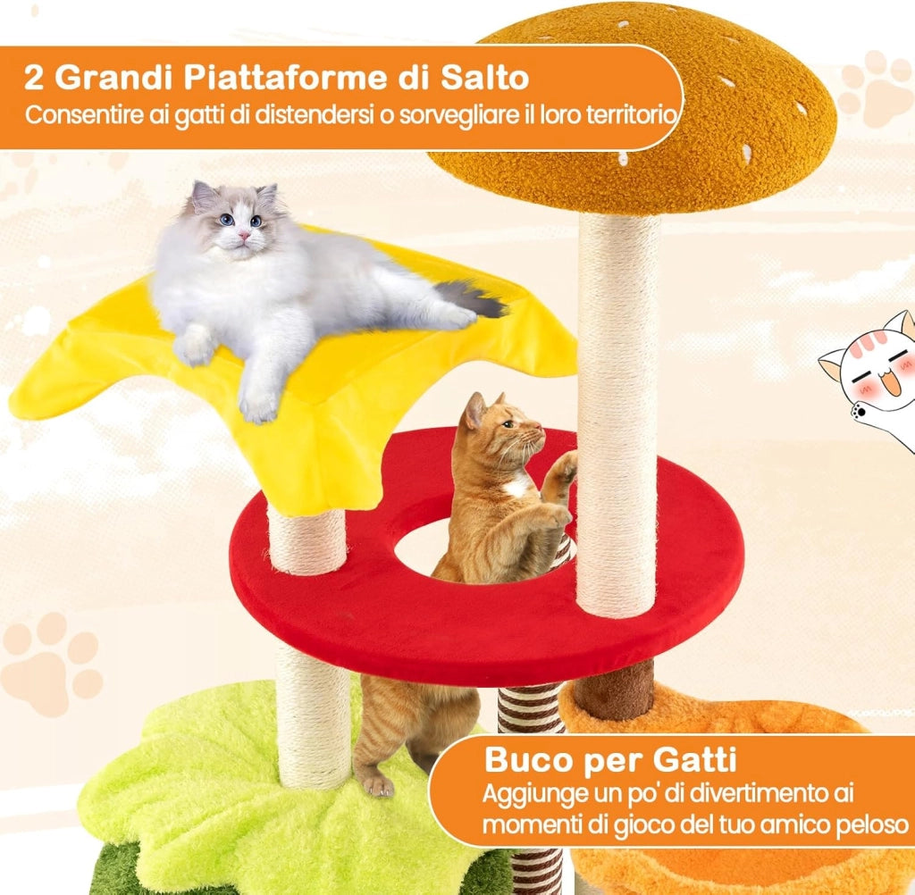 Albero per Gatti 117 cm, Tiragraffi per Gatti a Tema Hamburger con Letto a Cestino Sospeso, Condominio, Trespolo Imbottito, Tiragraffi in Sisal, Cuscini Peluche e Giocattolo Sospeso