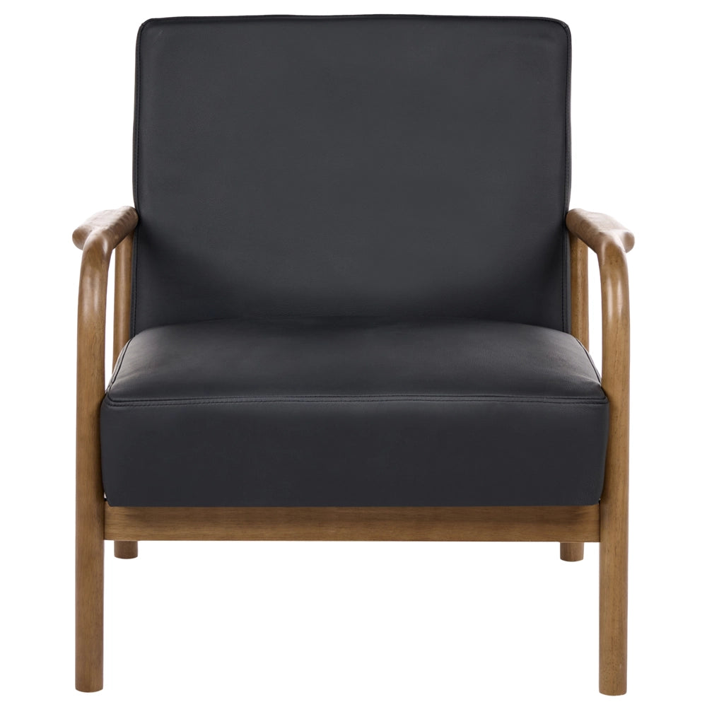 Poltrona in pelle nera con struttura in legno, poltrona lounge retrò in stile Mid-Century Moderno