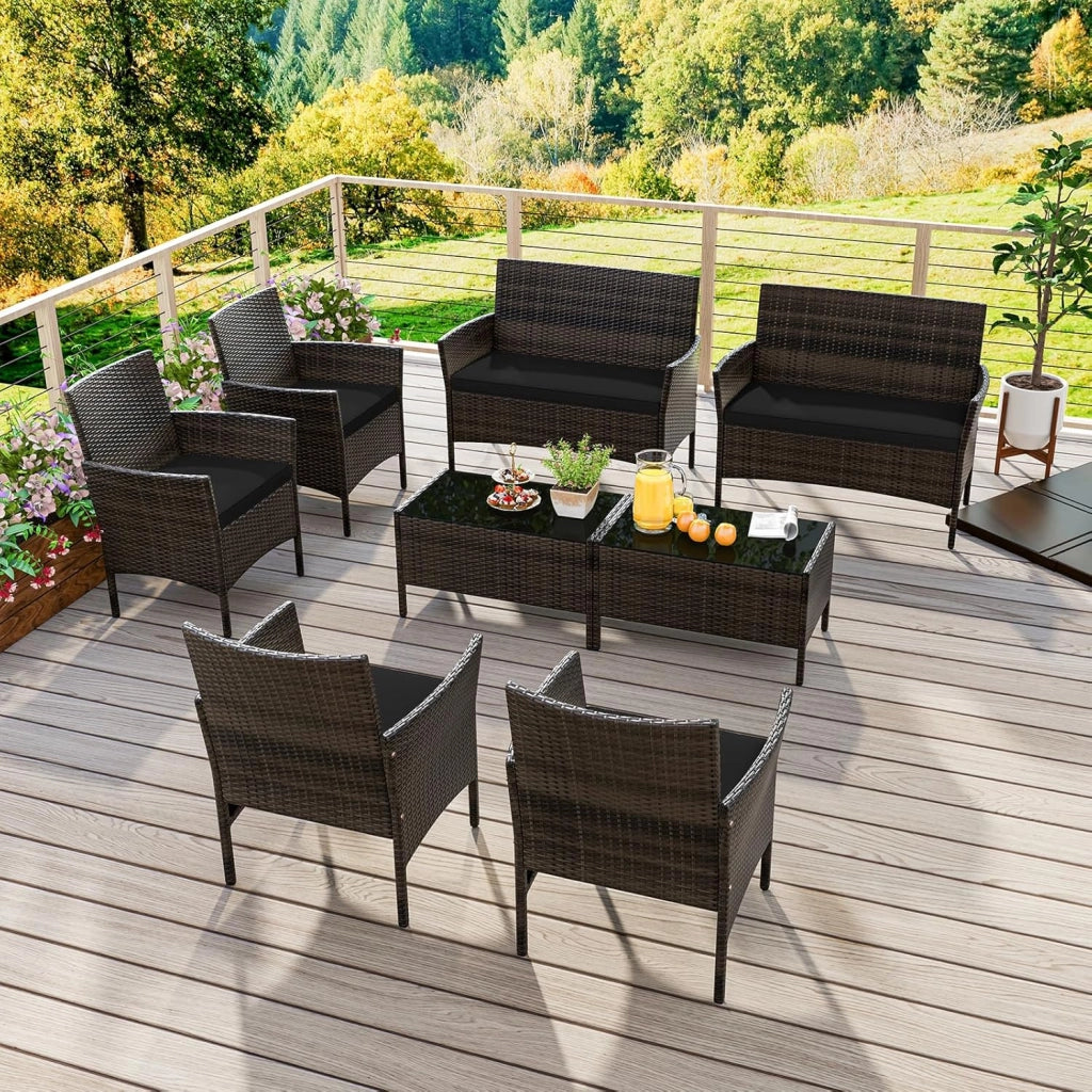 Salotto da Giardino Esterno 4 Pezzi, Set Giardino Esterno con Divanetto, 2 Poltrone e Tavolino da Caffè in Vetro Temperato, Salotto da Patio con Cuscini per Balcone, Veranda (Marrone+Nero)