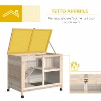 Conigliera in Legno a 2 Piani con Casetta, Rampa e Vassoio Estraibile, 91.5x53.3x73cm