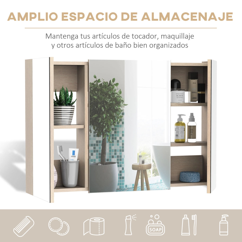 Armadio Bagno con Specchio 3 Ante e Ripiani Regolabili ¨C Zephmum ¨C 90x60x13,5 cm Rovere
