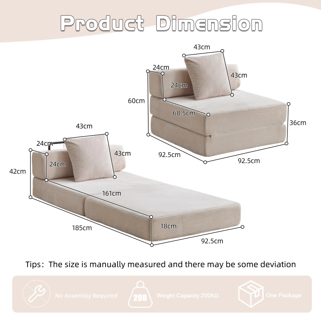 DIVANO LETTO DA TERRA PIEGHEVOLE IN CORDUROY BIANCO