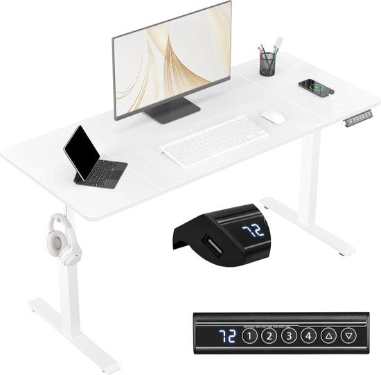 Scrivania elettrica, 140 x 60 cm, scrivania per computer con porta USB, scrivania regolabile da seduto a in piedi con regolazione di altezza, bianca