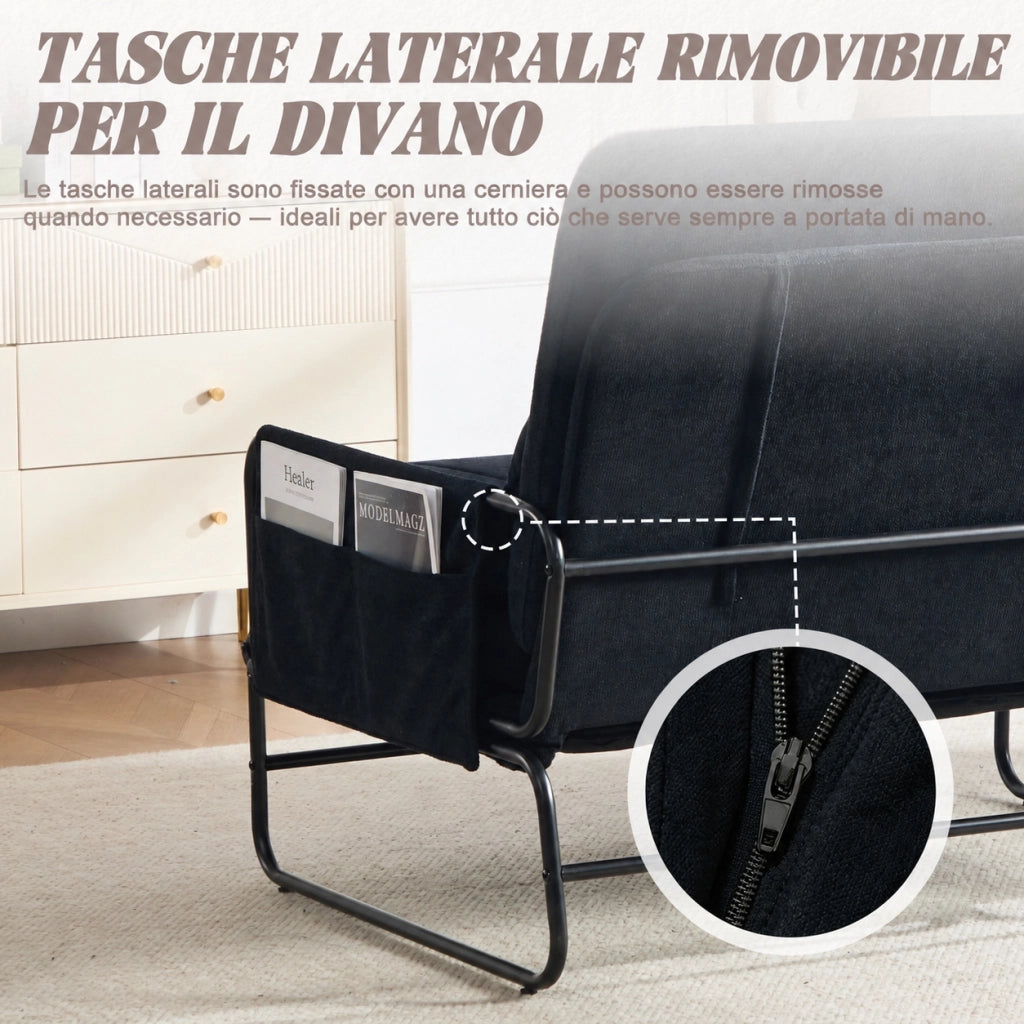 Divano letto due posti in ciniglia nera 104 cm con struttura in metallo