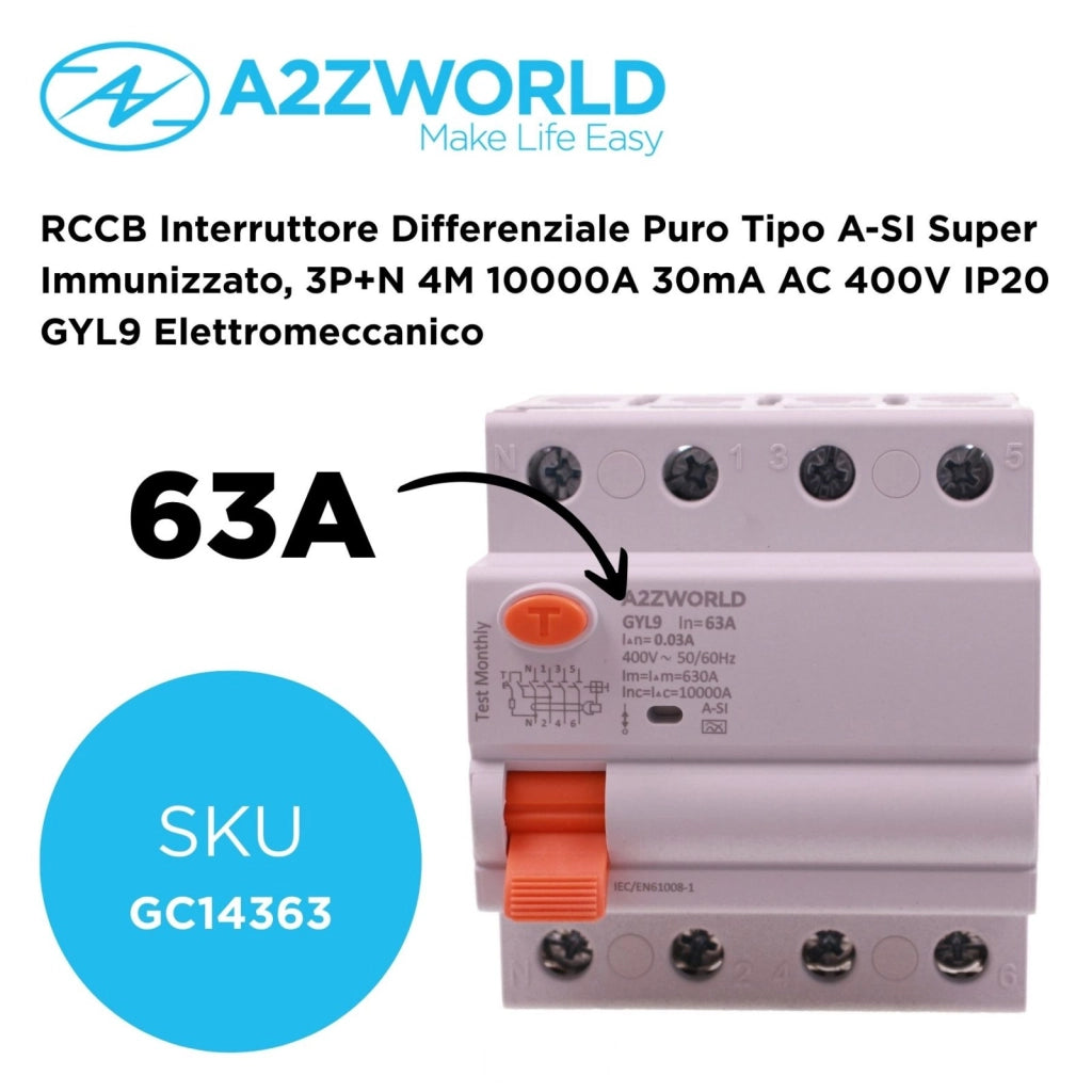 RCCB Interruttore Differenziale Puro Tipo A-SI Super Immunizzato, 3P+N 4M 10000A 30mA AC 400V IP20 GYL9 Elettromeccanico, Corrente Disponibili 40A 63A 100A (63A)