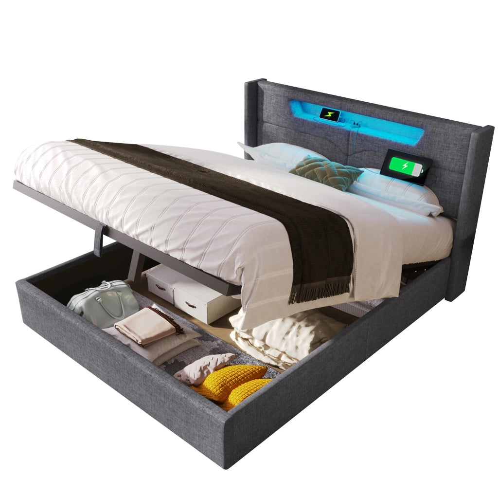 Letto 140x200 con materasso, LED, USB-C e contenitore