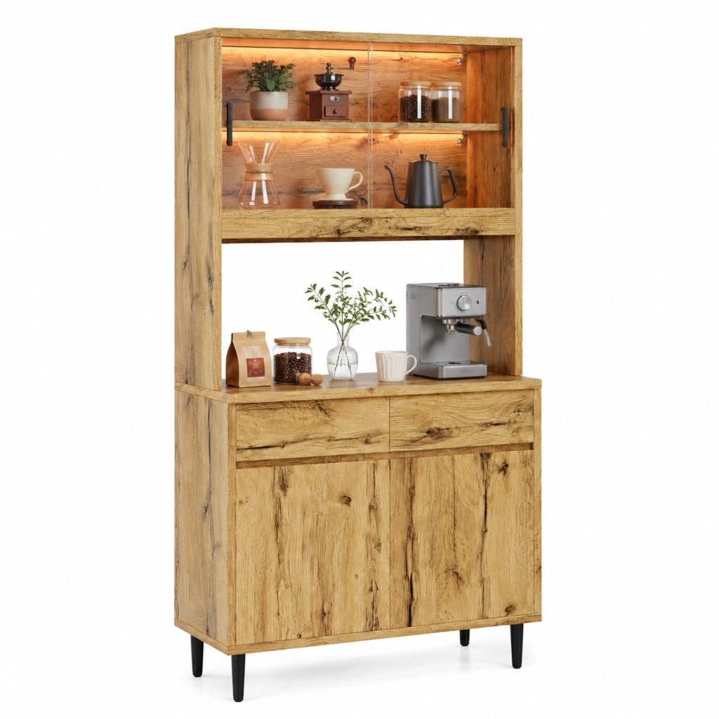 Credenza con ante in vetro; LED e prese - per soggiorno - 100x40x185 cm - rovere