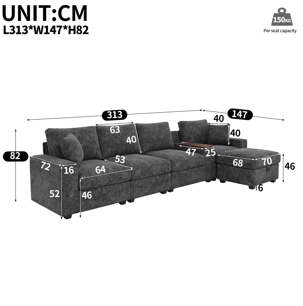 Divano modulare angolare 5-6 posti con pouf; tavolino girevole 360°; USB/Type-C; ciniglia grigia
