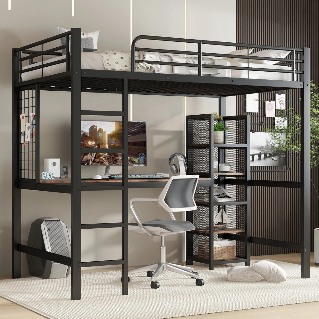 Letto a soppalco 90x200 cm nero e noce scuro, MDF e metallo con scrivania, senza materasso