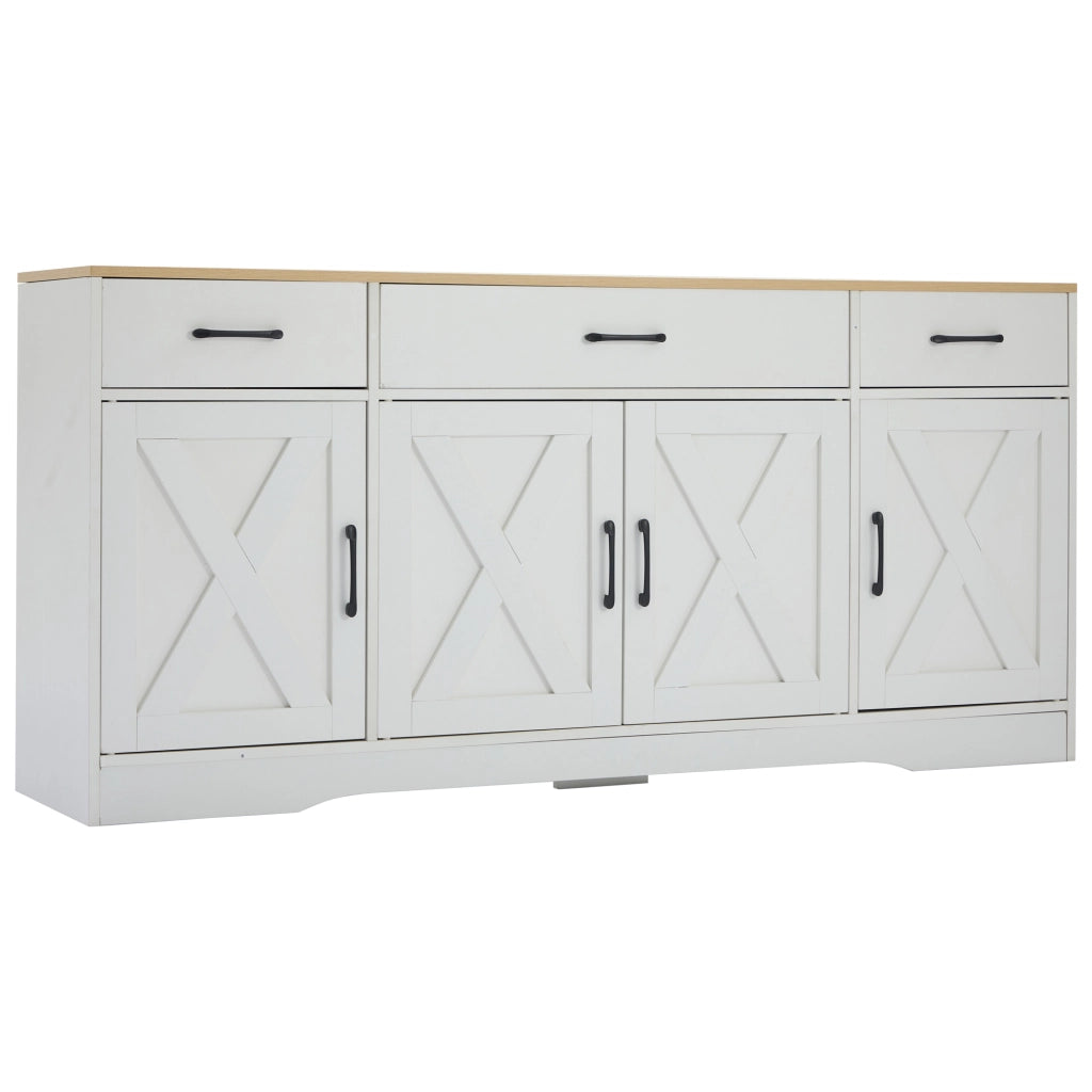 Credenza e madia con 3 cassetti e 4 ante in MDF, stile industriale, per soggiorno e ingresso, bianco 160 × 37 × 75 cm