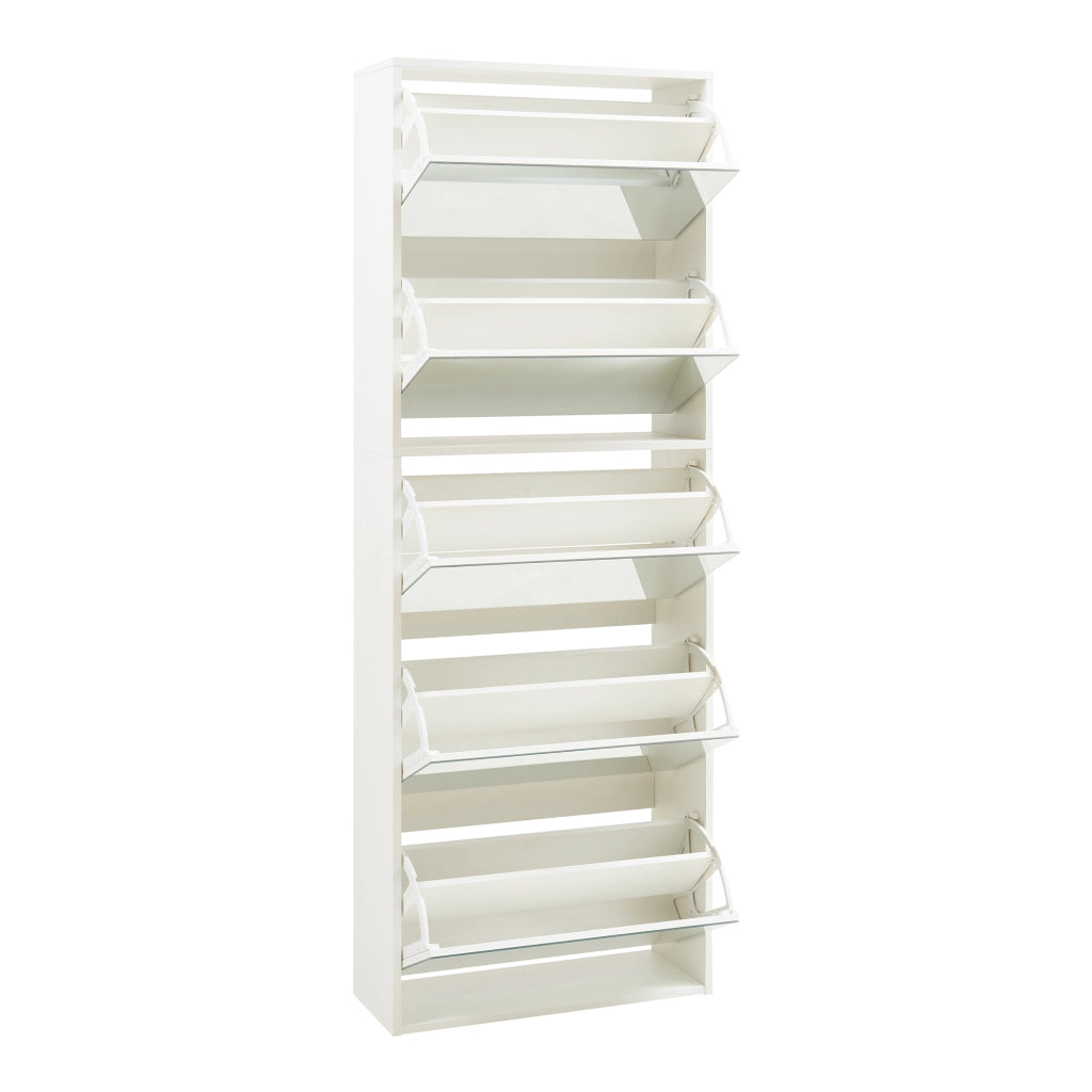 Scarpiera Stretta Lund con Ante a Specchio e 5 Contenitori Ribaltabili - Bianco [en.casa]
