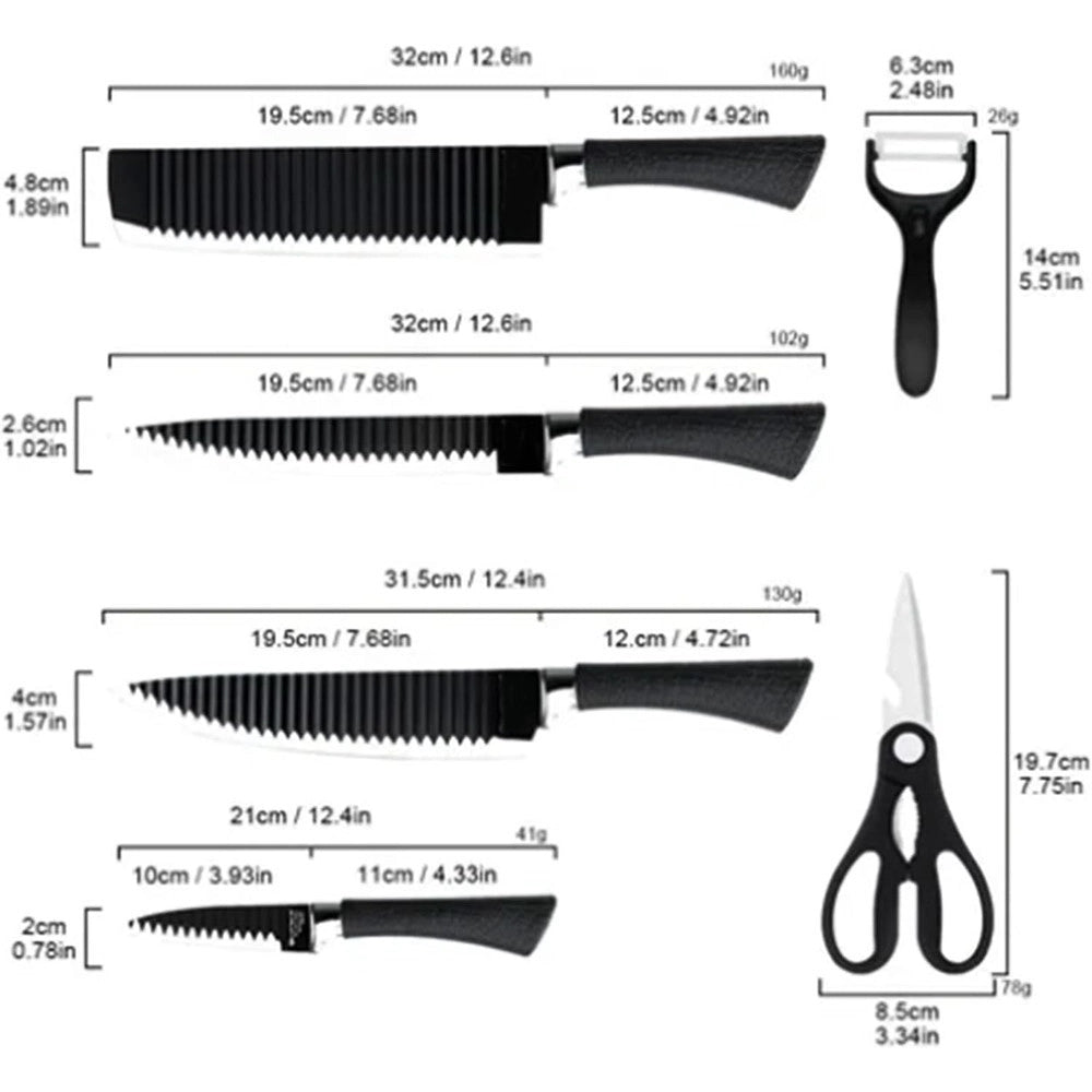 Trade Shop - Set Di Coltelli Da Cucina In Acciaio 6pz Manico In Silicone Con Motivo Ondulato Nero -