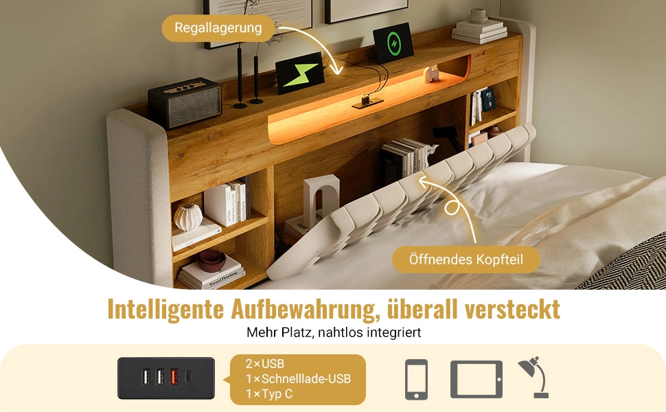 Letto Imbottito con Contenitore Idraulico e LED ¨C MINIMAL ¨C Tessuto Beige 90x200