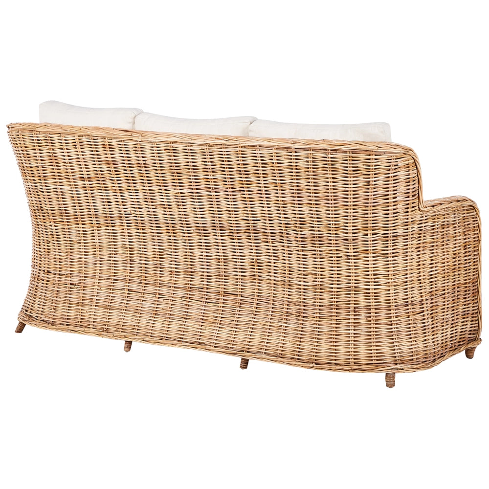 Set da giardino in rattan naturale divano a 3 posti 2 poltrone cuscini bianchi elegante chic esterno
