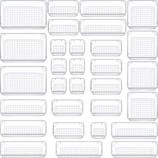 30 pacchi di organizzatori di cassetta trasparenti con organizzatore di trucco in 4 misure, organizzatore antiscivolo trasparente per bagno, cosmetica, comodino, cucina, ufficio