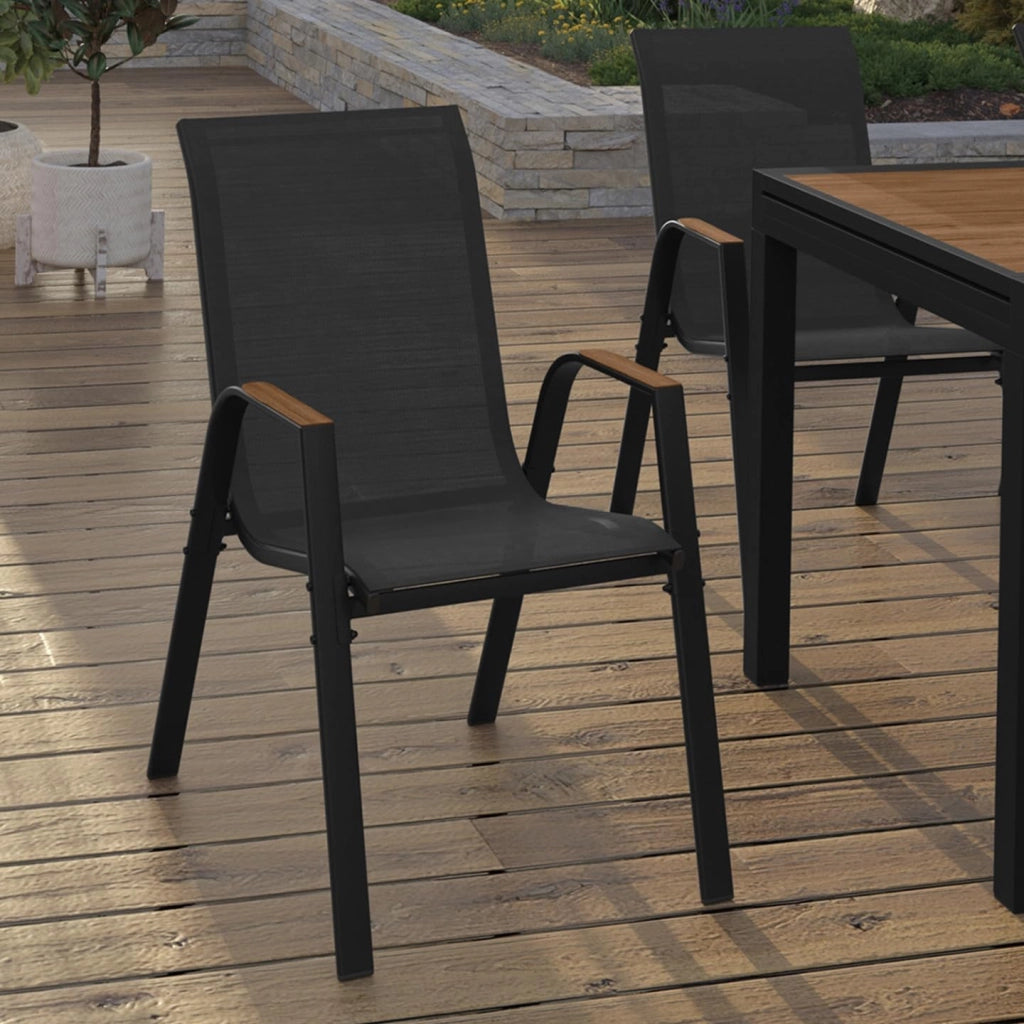 Set di 4 sedie da giardino impilabili NOUMEA in metallo e textilene, nero e legno