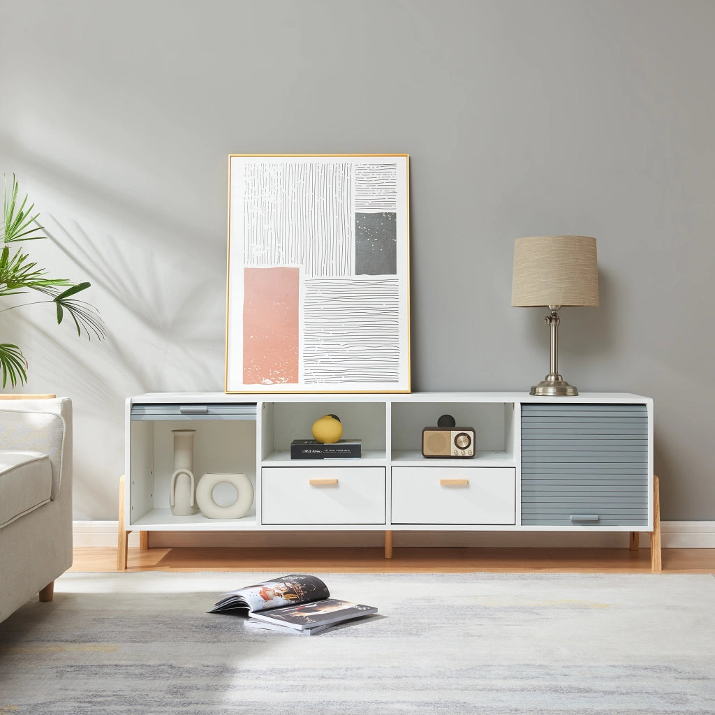 Mobile Porta TV Kvaefjord con Casseti Scomparti Aperti e Ante a Serranda - Bianco/Grigio [en.casa]
