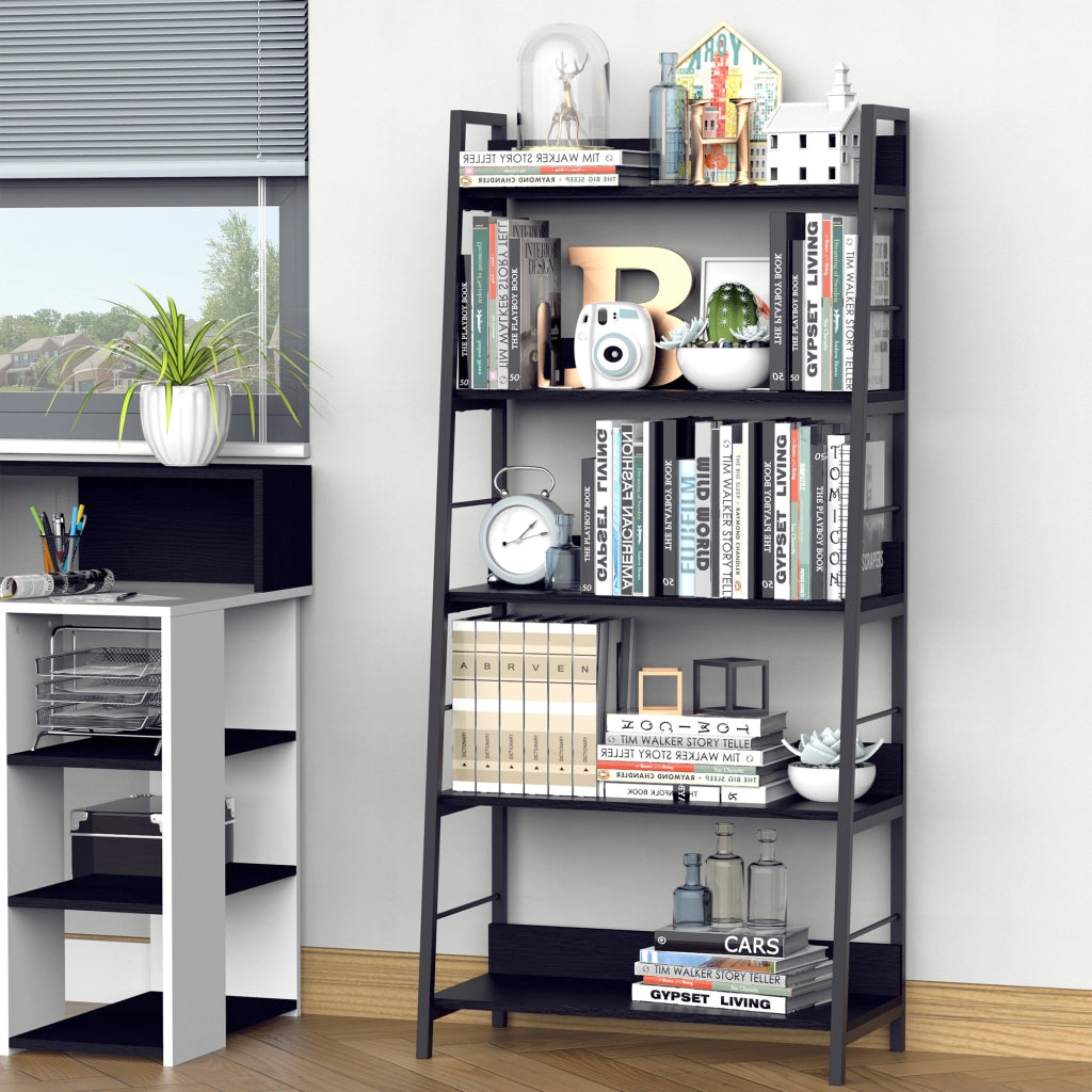 Libreria a 5 Ripiani Stile Industriale Inclinata ¨C Zephmum ¨C Nero 70x35x150 cm