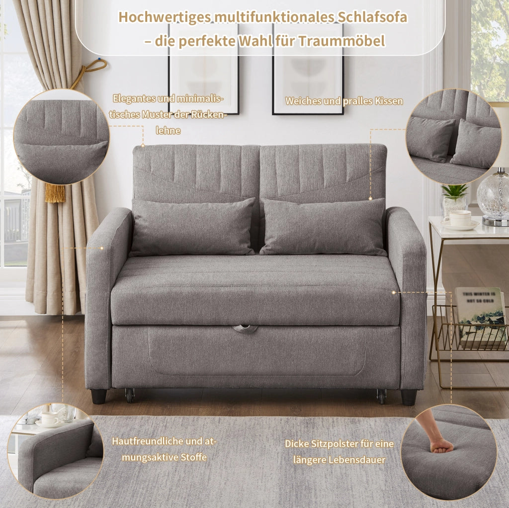 Divano letto a 2 posti grigio con schienale reclinabile a 3 posizioni; letto 166 x 95 cm