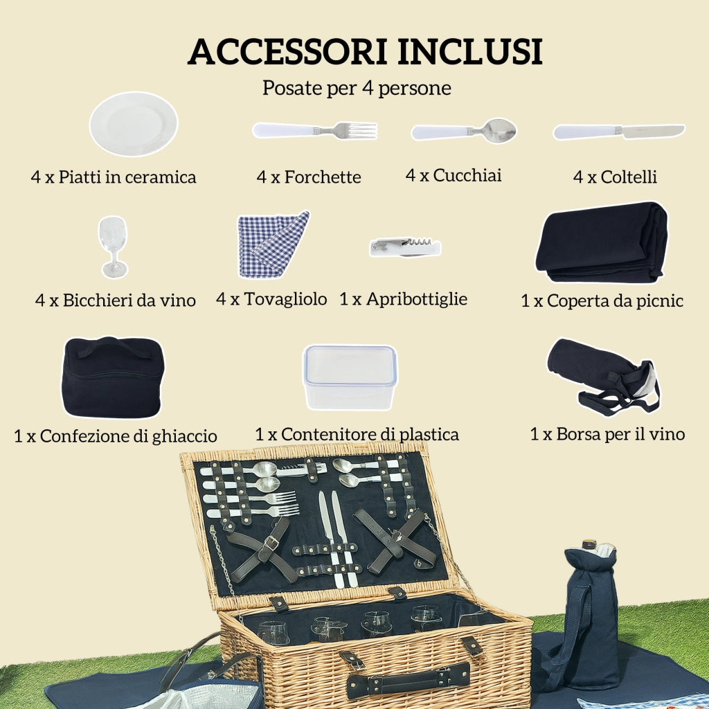 Cestino da Picnic in Vimini per 4 Persone ¨C zephmum ¨C Legno 54x34x20 cm