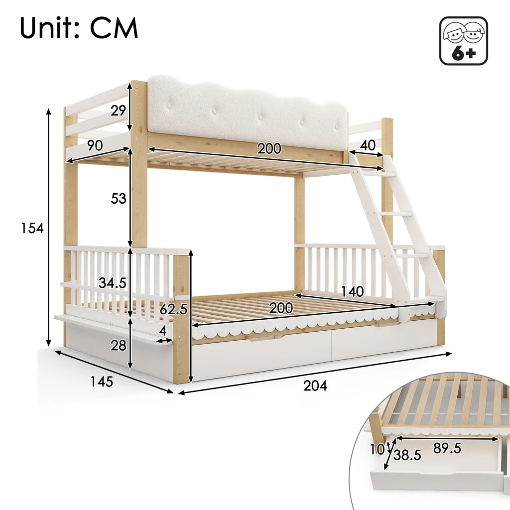 Letto a castello in legno 90x200/140x200 cm con parapetto nuvola; 2 cassetti; portariviste e certificazione EN 747:2024; bianco/rovere