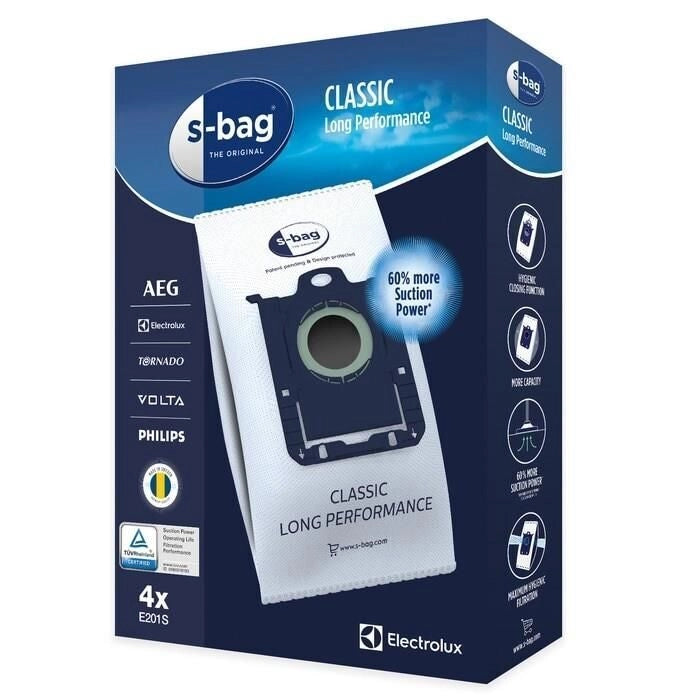 Electrolux ACCESSORI ASPIRAPOLVERE E201S s-bag® Original Classic Long Performance 4 x s-bag - realizzato in 3 strati di materiale sintetico dura fino al 50% in più rispetto a un tradizionale sacchetto in carta per aspirapolvere. Capacità 3,5 lt