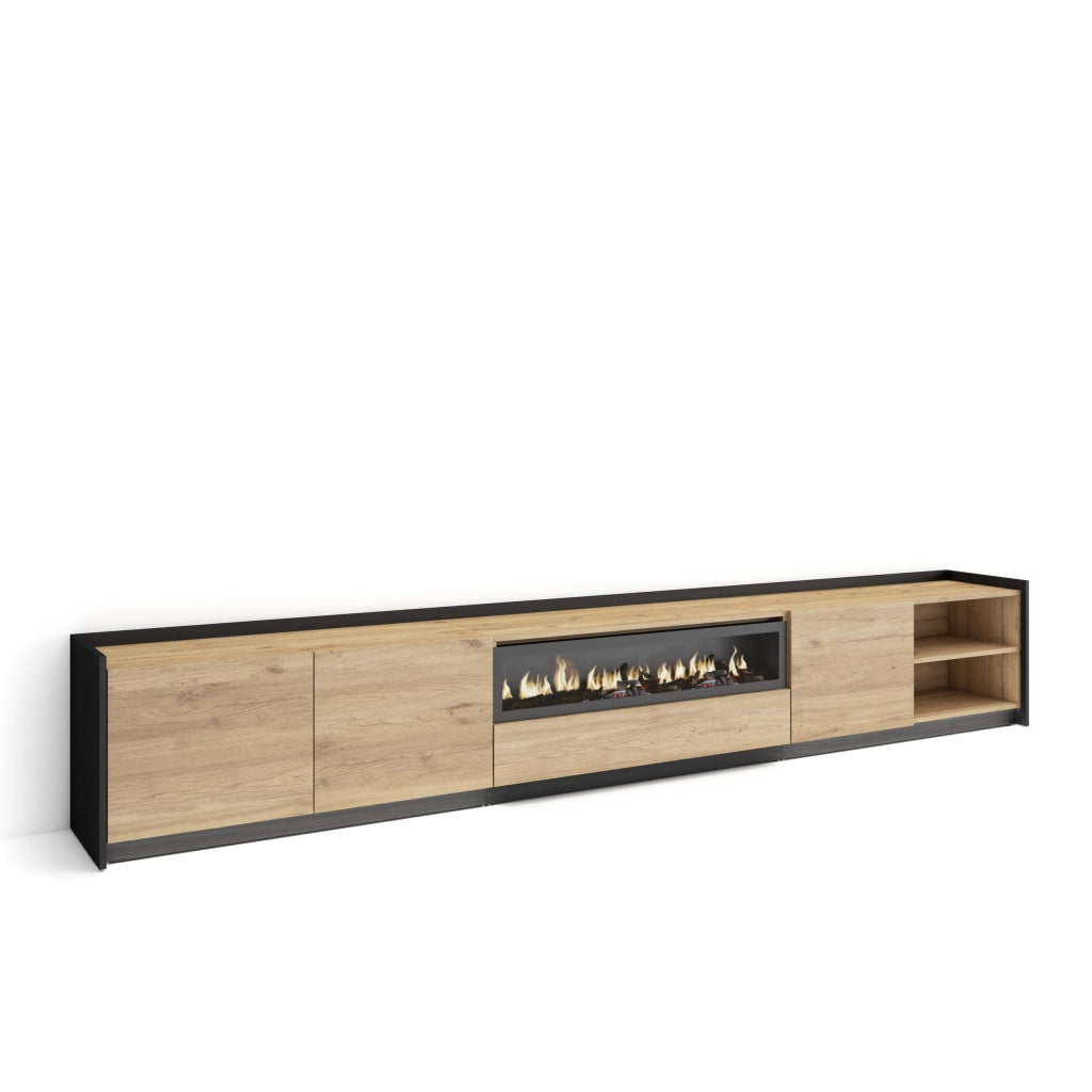 Mobile TV Soggiorno, 310x50x37 cm, Per TV fino a 80", Camino elettrico, LED, Rovere e nero