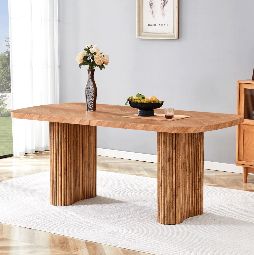 Tavolo da pranzo in MDF noce 180×90 cm con base a colonna arcuata, design moderno per sala da pranzo e area reception