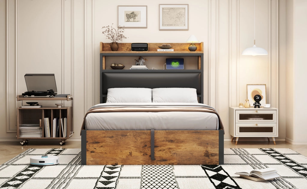 DESMIU Letto contenitore 90 × 200 cm 1 posto con USB, testiera con ripiano, senza materasso, nero