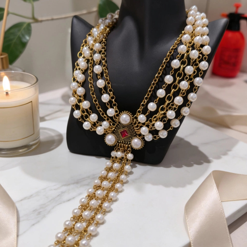 Collana vintage a pi¨´ strati con catena in metallo e perle