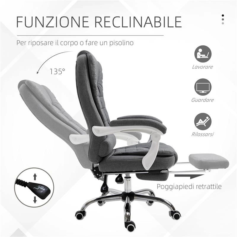SEDIA DA UFFICIO RECLINABILE CON POGGIAPIEDI RETRATTILE E SCHIENALE ALTO IN TESSUTO GRIGIO