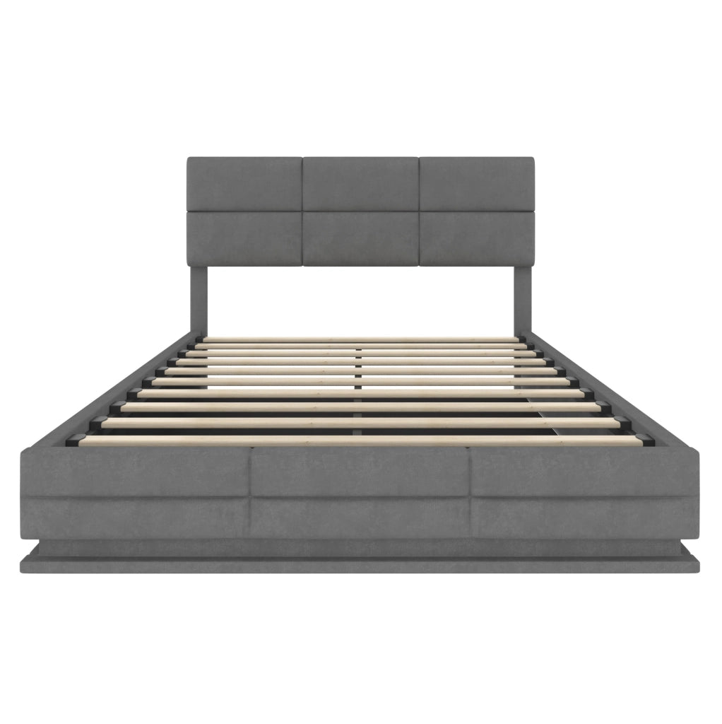 Letto 140x200 cm con testiera regolabile; LED; USB e contenitore in velluto grigio scuro
