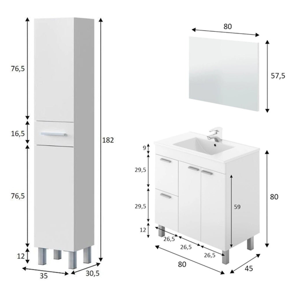 Lomello, set Mobili Bagno Specchio Incluso, Bianco Lucido
