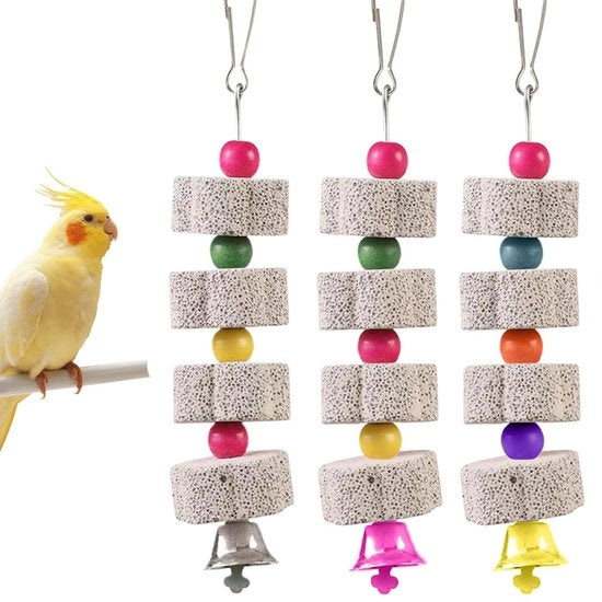 Set di 3 giocattoli per uccelli, pietra abrasiva con campanelli, giocattoli per uccelli, accessori per gabbie da appendere, idoneo per pappagalli, pappagalli di grano e hamster.