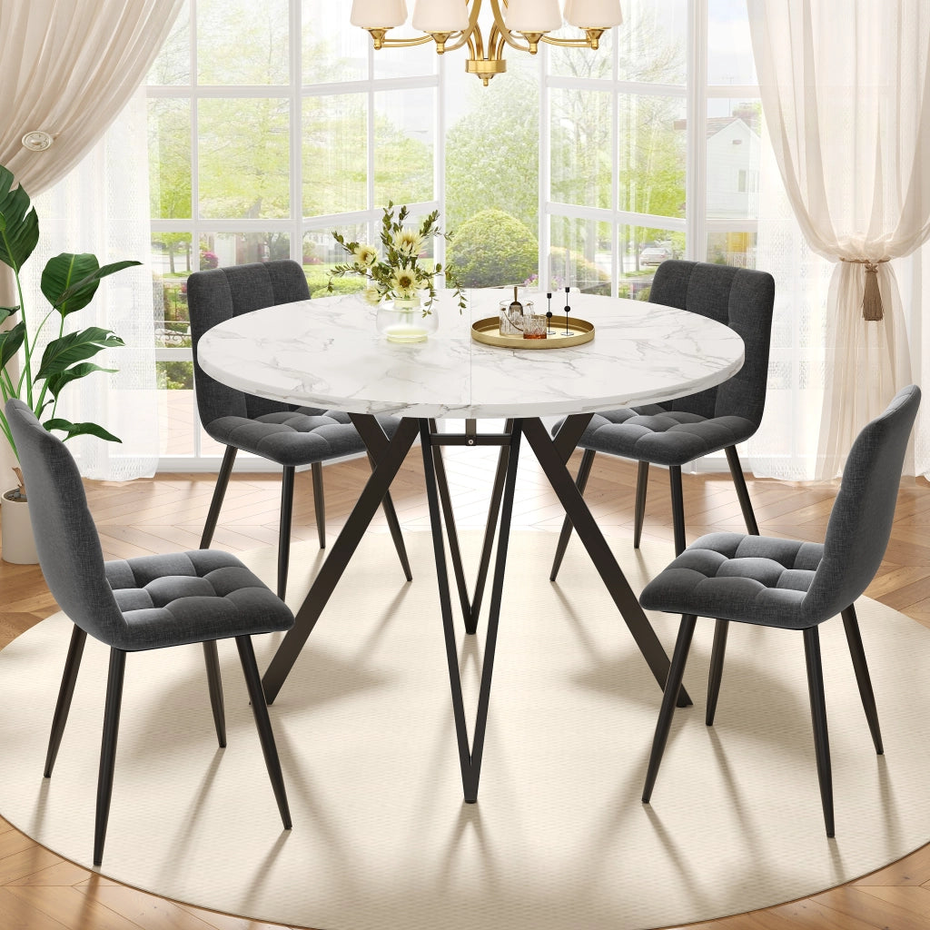 Tavolo da Pranzo Rotondo con 4 Sedie ¨C MINIMAL ¨C Piano Effetto Marmo, Gambe Metallo Nero, 100 cm