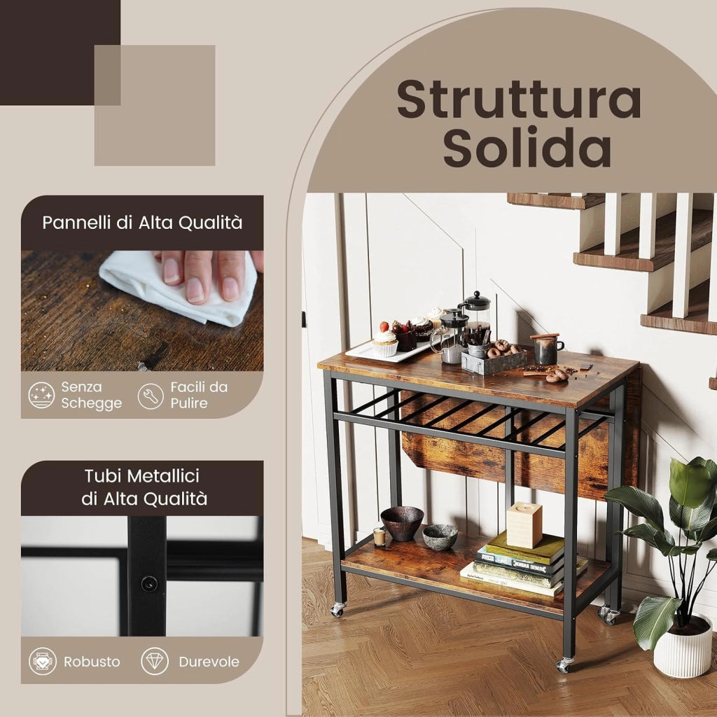 Tavolo da Pranzo per 2-4 Persone, Tavolo Pieghevole con Ampio Piano, Portabottiglie, Ripiano Portaoggetti e Ruote Bloccabili per Cucina, Sala da Pranzo e Soggiorno, 75 x 80 x 75 cm