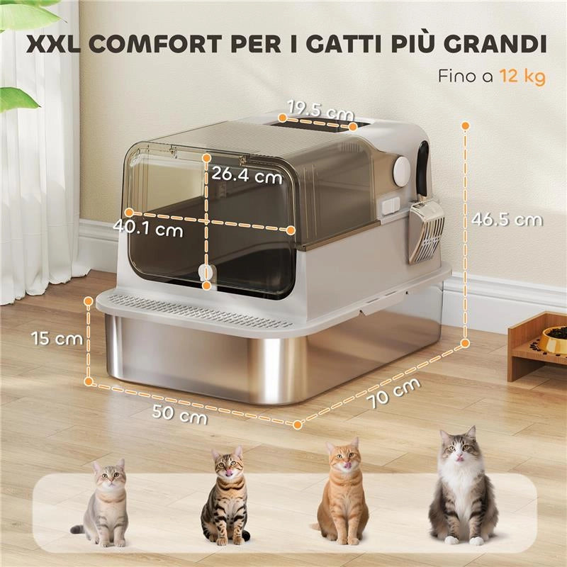 LETTIERA PER GATTI CHIUSA XXL IN ACCIAIO INOX, COPERCHIO APRIBILE A 90¦ E DOPPIE PORTE, 70X50X46.5 CM, GRIGIO