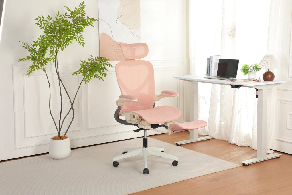 Sedia da ufficio pieghevole ergonomica in rete con poggiatesta 3D e supporto lombare regolabile rosa