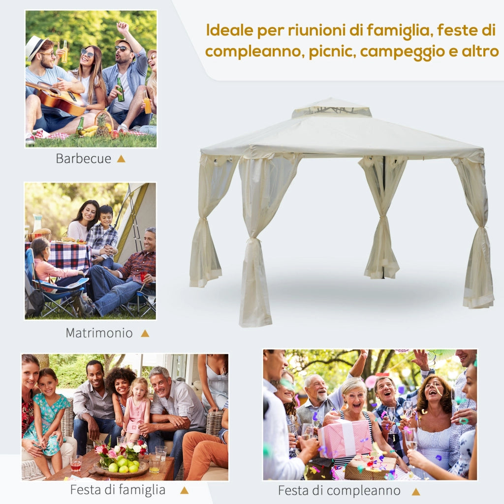 Gazebo da Giardino 2.95x2.95m in Metallo Doppio Tetto Zanzariera e Laterali Beige