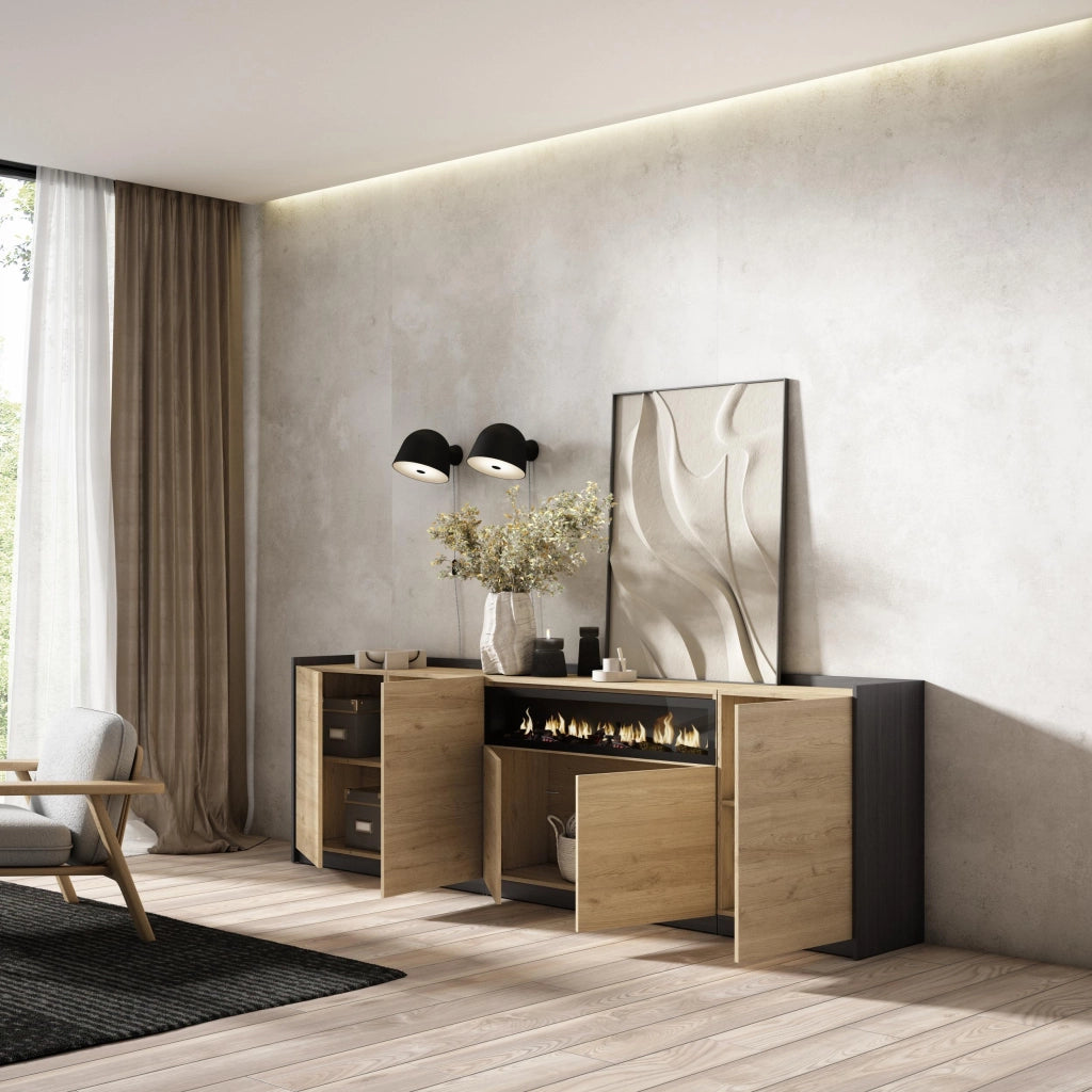 Credenza, Mobile, Cucina, 260x80x37 cm, 5 Porte, Camino elettrico, Rovere e nero
