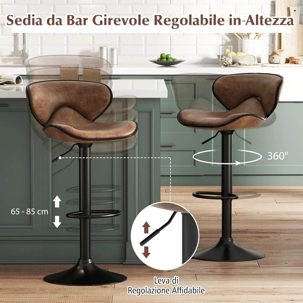 Set di 2 Sgabelli da Bar con Altezza Regolabile, Sgabello da Cucina Imbottito e Girevole a 360° con Schienale, Poggiapiedi e Base Metallica, Sgabelli in Pelle Stampato da Casa (Marrone)