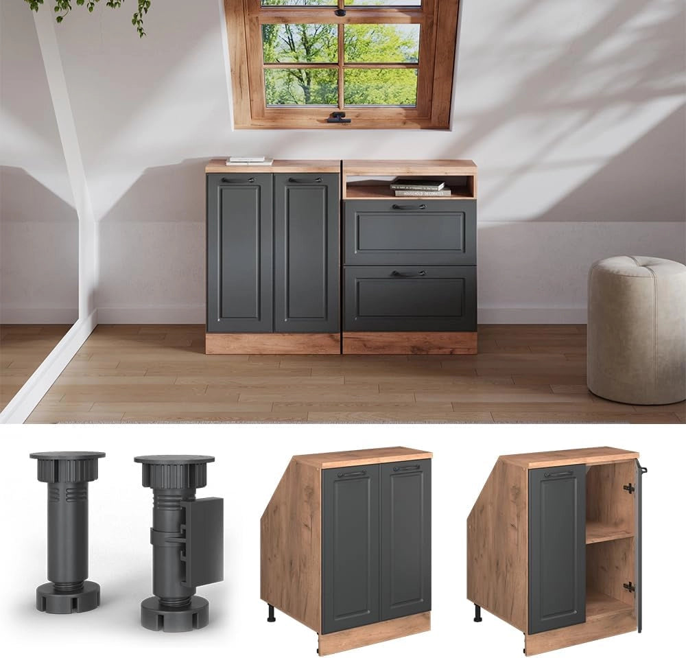 Mobile sottotetto Rion, Antracite casa di campagna, 60 x 81.6 cm con 2 porte, carcassa 60 cm profondità, adatto per il salvaspazio sotto tetti spioventi