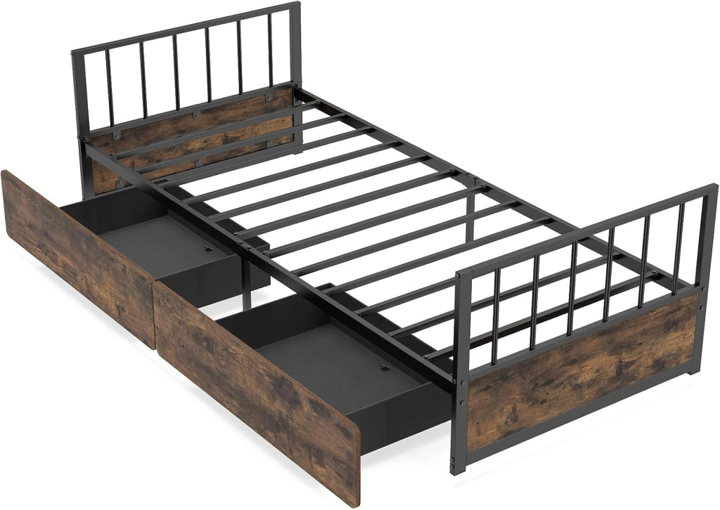 Letto Singolo 90x200 cm, Struttura Letto a Piattaforma Industriale con Testiera Pediera e 2 Cassetti, Doghe in Metallo, Silenzioso