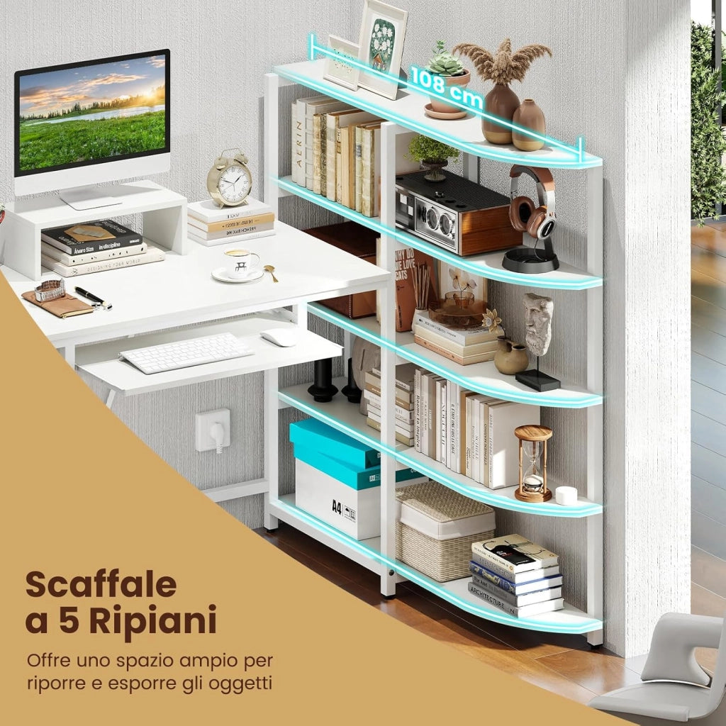 Scrivania Angolare a Forma di L, Scrivania ad Angolo Salvaspazio con Stazione di Ricarica, Scaffale, Supporto per Monitor, Gancio per Cuffie e Vassoio per Tastiera 160x108x10cm (Bianco)