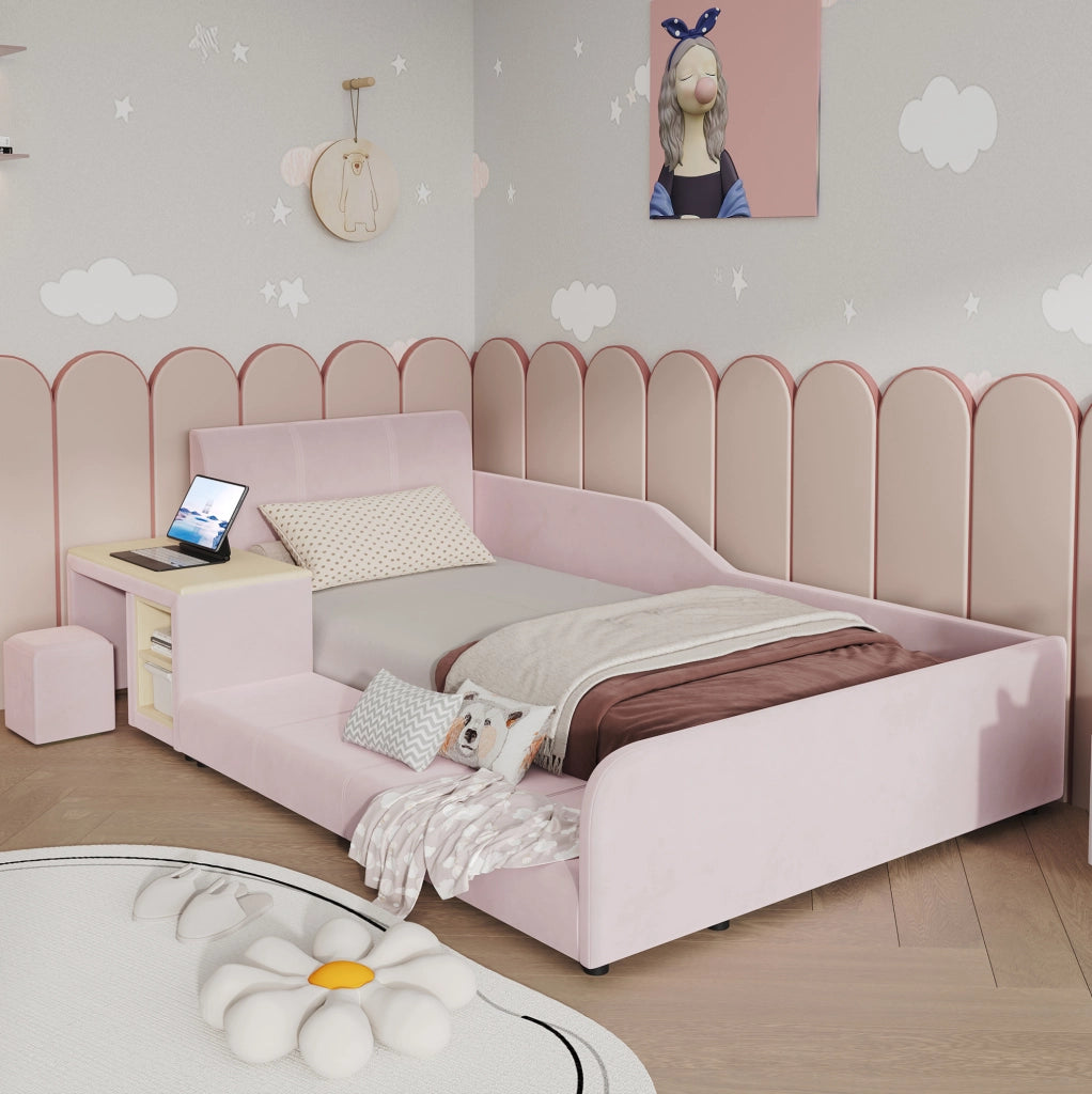 Letto singolo 90x200 cm rosa in velluto con scrivania e sgabello, senza materasso