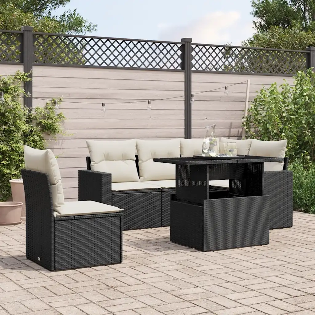 Set Divano da Giardino 6 pz con Cuscini Nero in Polyrattan