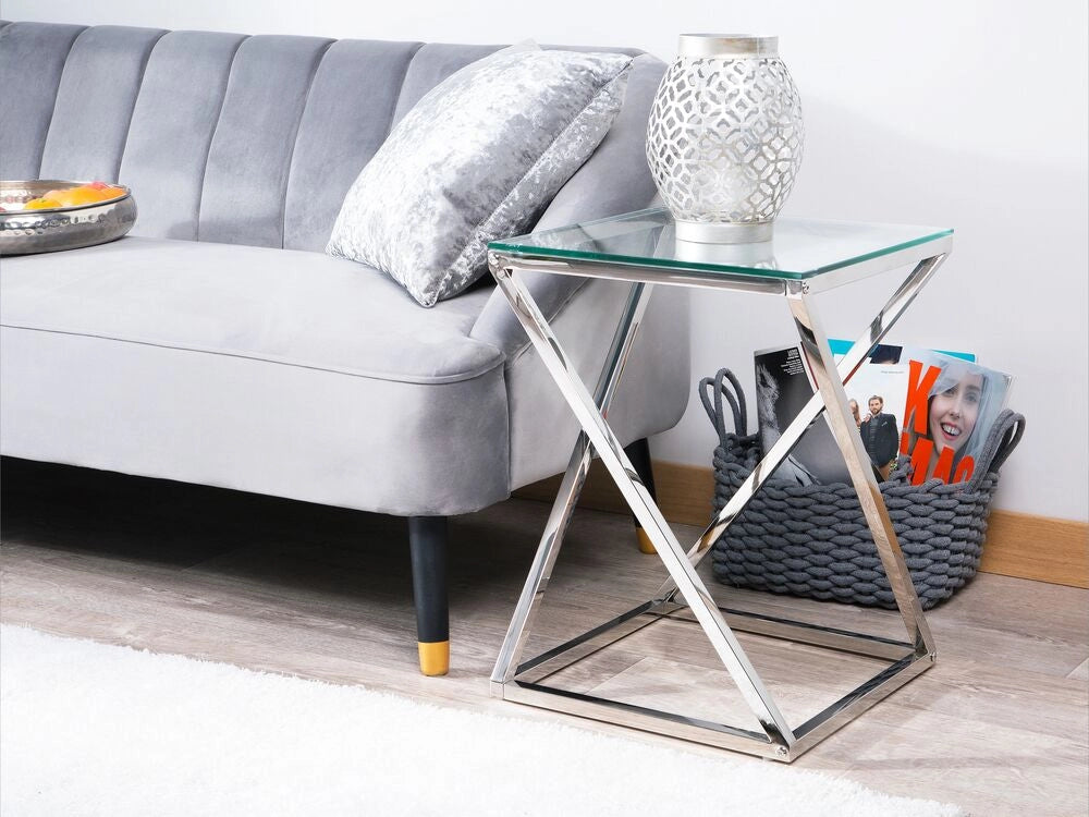Tavolino Argento Struttura In Acciaio Vetro Piano Quadrato Geometrico Glam Design