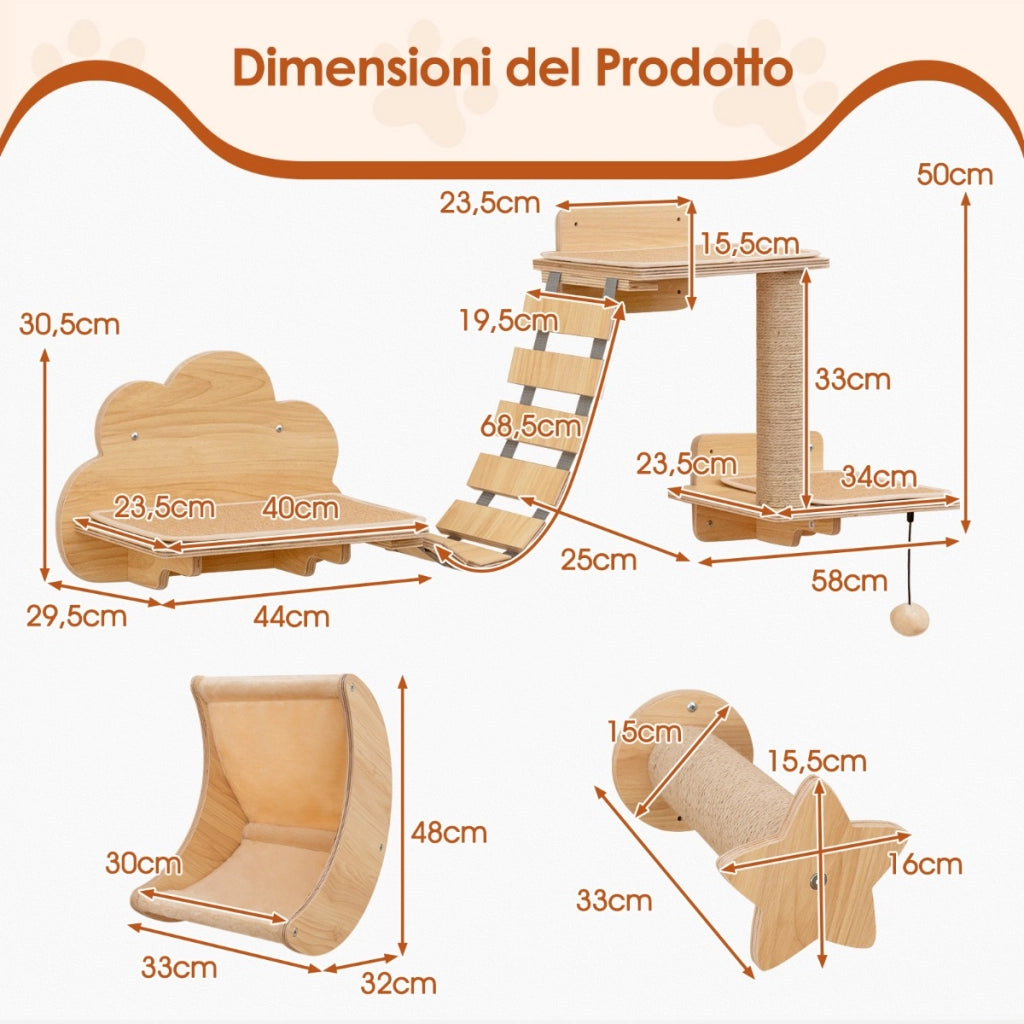 Mensole per gatti a muro con amaca tiragraffi e gioco pensile per gatti da interno-Mobili da parete per gatti da 6 pezzi Beige