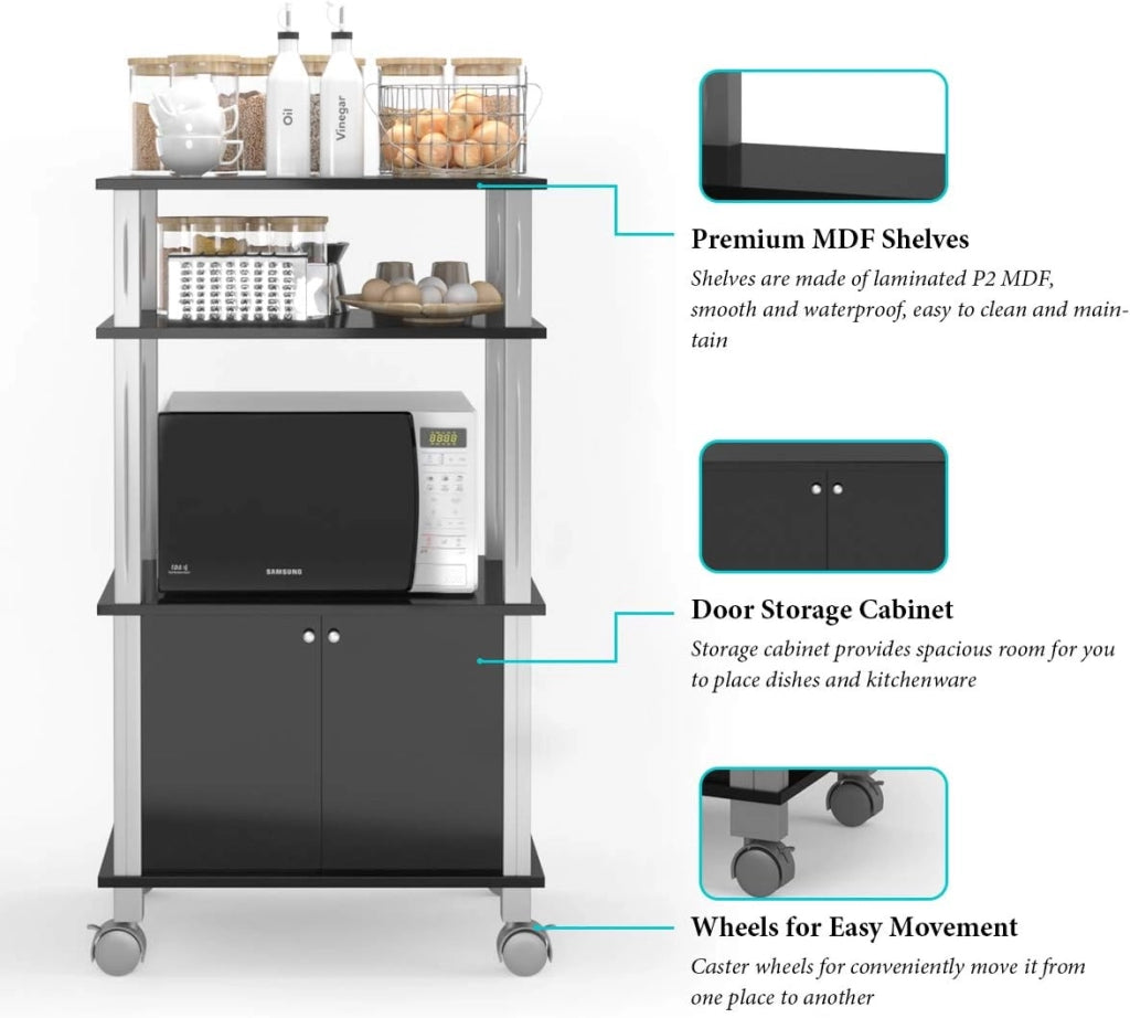 Carrello a rotelle a microonde, carrello da cucina a microonde, con 4 ruote e 2 freni, ripiano portaoggetti a 3 livelli e armadio ante,60 x 40 x 98 cm (Nero)