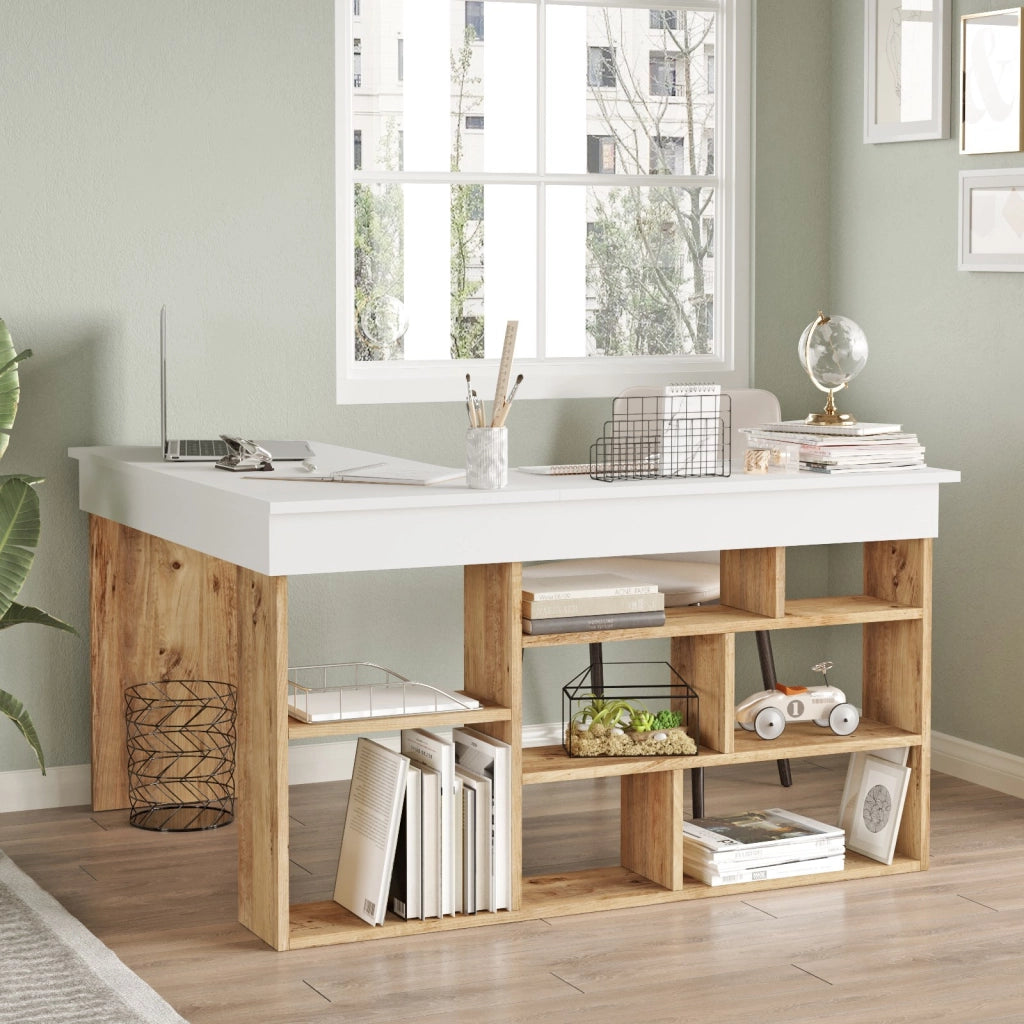Scrivania in legno "CT5" - 129 x 120 x 72 cm - Pino atlantico bianco